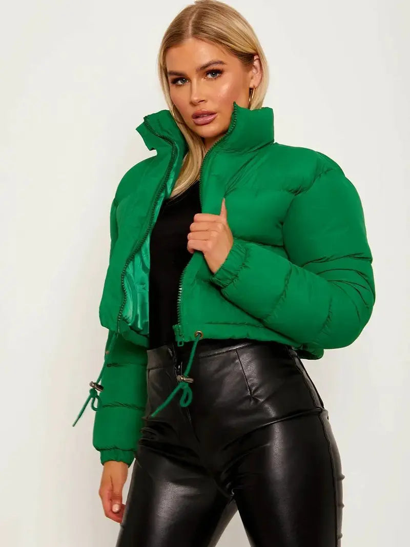 BIGWIG women's short down jacket, zipper thickened quilted short coat, drawstring winter down jacket, autumn and winter cotton jacket, windproof, waterproof and cold-proof cotton jacket, puffer jacket, fashionable zipper stand collar