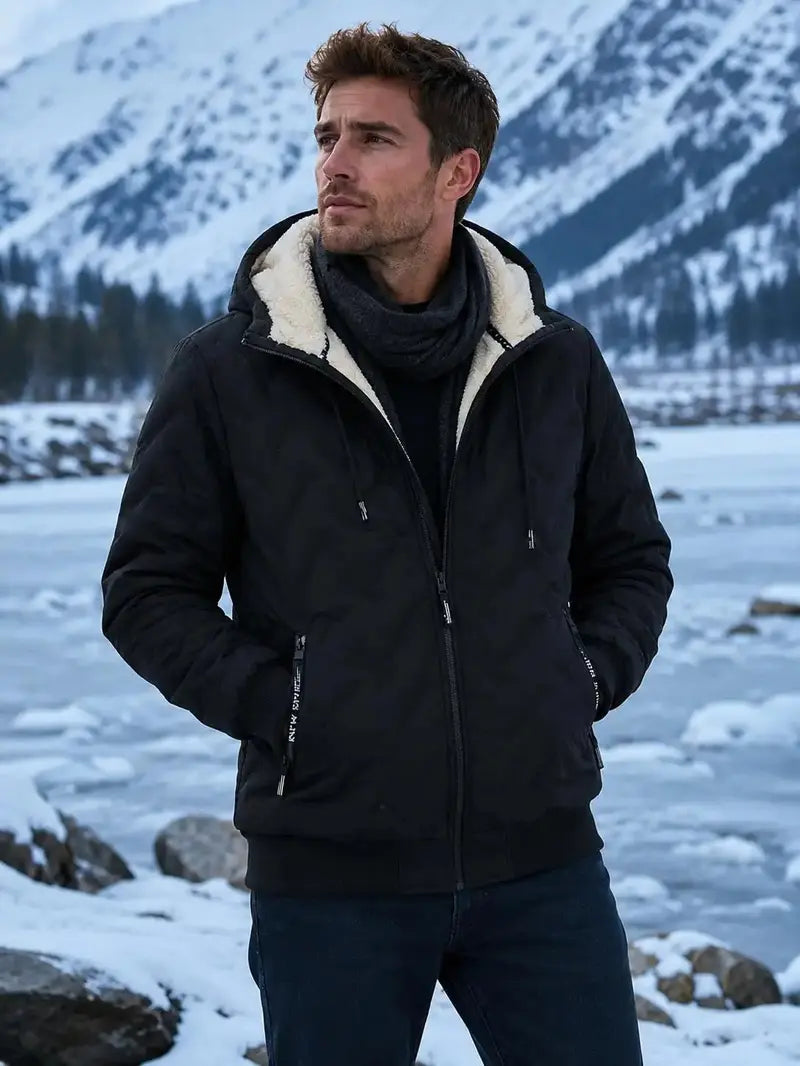 Men's winter jacket lined hooded jacket windproof and waterproof heavyweight outdoor warm jacket with safety zipper pocket high-performance filled bomb jacket lightweight geometric texture technology clothing black Sherpa Fleece