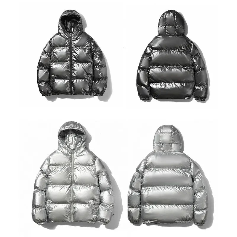 Mens Shiny Glossy Smooth Puffer Jacket - Zip-Up Hooded, Thick Cotton-Padded Menswear Garment, Ribbed, Windproof Thermal, Loose Fit, Clean Minimalist Stylish Casual Streetwear, Side Pockets for Cold Winter Comfort