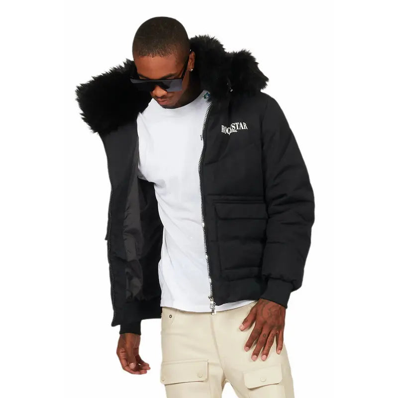 Langston Black Puffer Jacket with Fur Hood