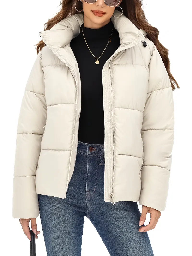 Winter Puffer Coat for Women Warm Cropped Jacket | Faux Fur Lining Quilted Parka with Pockets & Hood Tops Womenswear