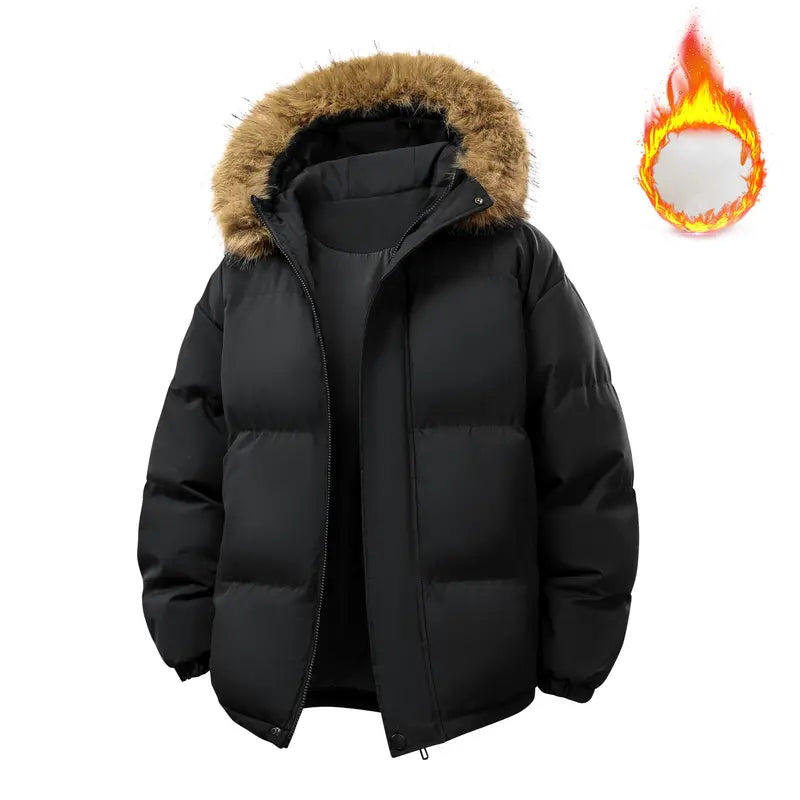 All-Black Men's Woven Hooded Jacket - Winter Thick Warm Slim Fit Long-Sleeve Casual Top, Detachable Faux Fur Collar, Couples Style, Zipper, Drawstring, Layering Outerwear Essential, M Size, Fitted Fleece Lining, New Year Wear