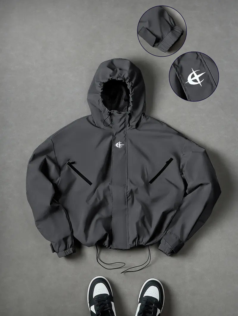 Men’s Black Functional Hooded Jacket – Windproof Outerwear with Printed Branding, suitable for streetwear, urban commuting, outdoor activities, and everyday casual wear