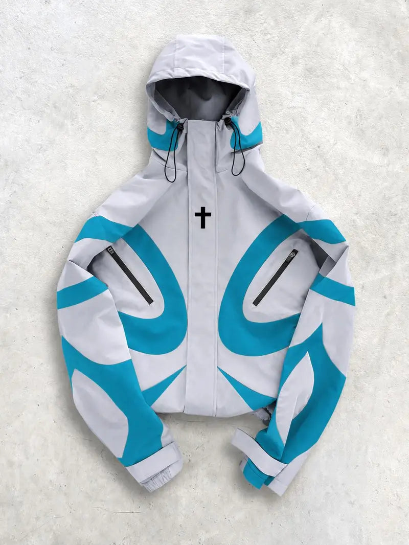 Men's Baggy Cross-Print Hooded Zip-Up Techwear Windbreaker Jacket - Textured Woven Fabric, Waterproof, Long-Sleeve, Lightweight, Unisex Fit, Patchwork, Outdoor/Party/New Year Wear, Biker Streetwear Work Top