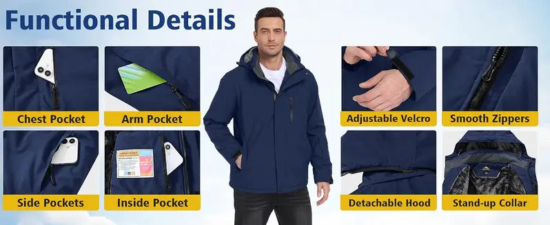 Men’s Thick Regular Polyester Plain Thermal Soft Hooded Fleece Jacket - Water-Resistant, Insulated Sports Outerwear with Pocket, Long Sleeve Shell Outer for Cold Weather Hiking Ski Coat