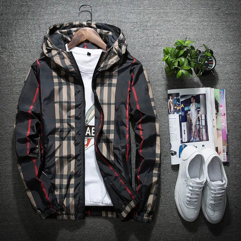 Men’s Spring Fall Lightweight Hooded Jacket, Zip-Up Windbreaker with Adjustable Drawstring, Stand Collar Option, Contrast Stripe Detail, Casual Plaid Outerwear in Khaki