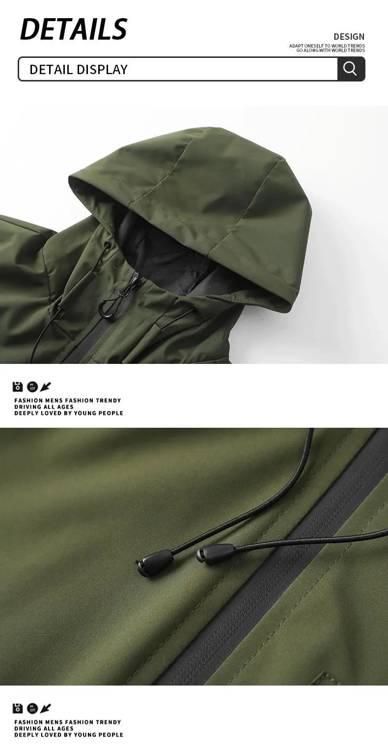 Men Lightweight Outdoor Hooded Jacket Water Resistant Windbreaker Full Zip Adjustable Drawstring Hood Hiking Work Shell Coat Multi‑Color