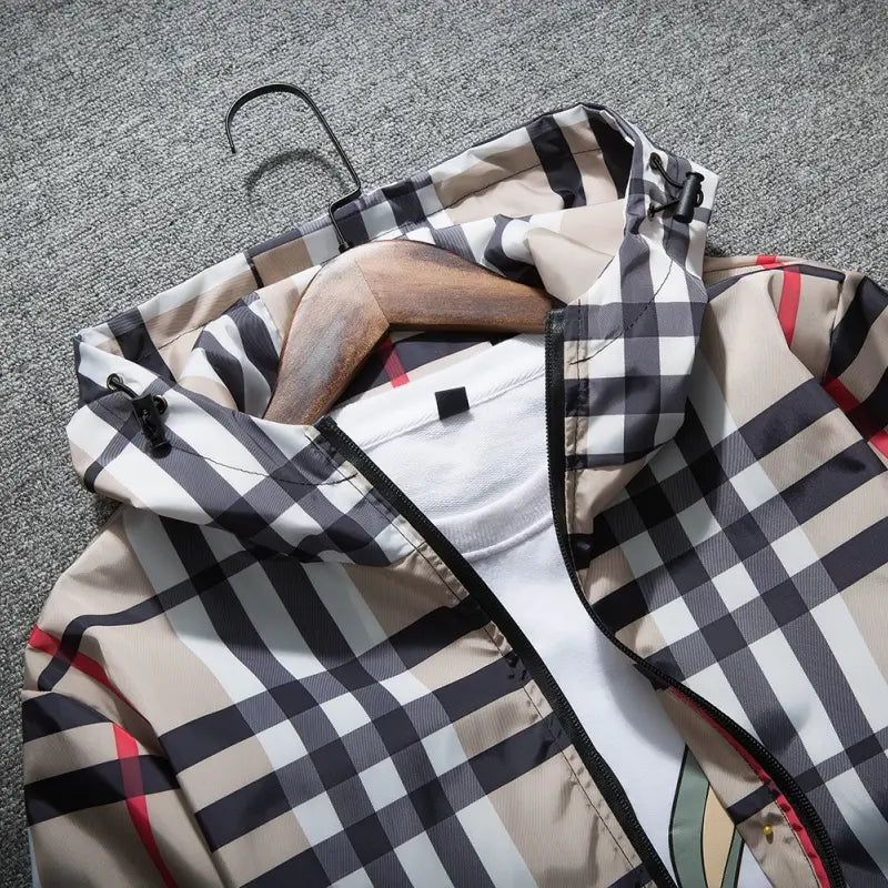 (Upgraded version) Men's lightweight hooded jacket, zip-up windbreaker, adjustable drawstring & color-block striped, spring and autumn fashion casual men's outerwear, customizable personalized jacket, stylish khaki plaid design sohochic