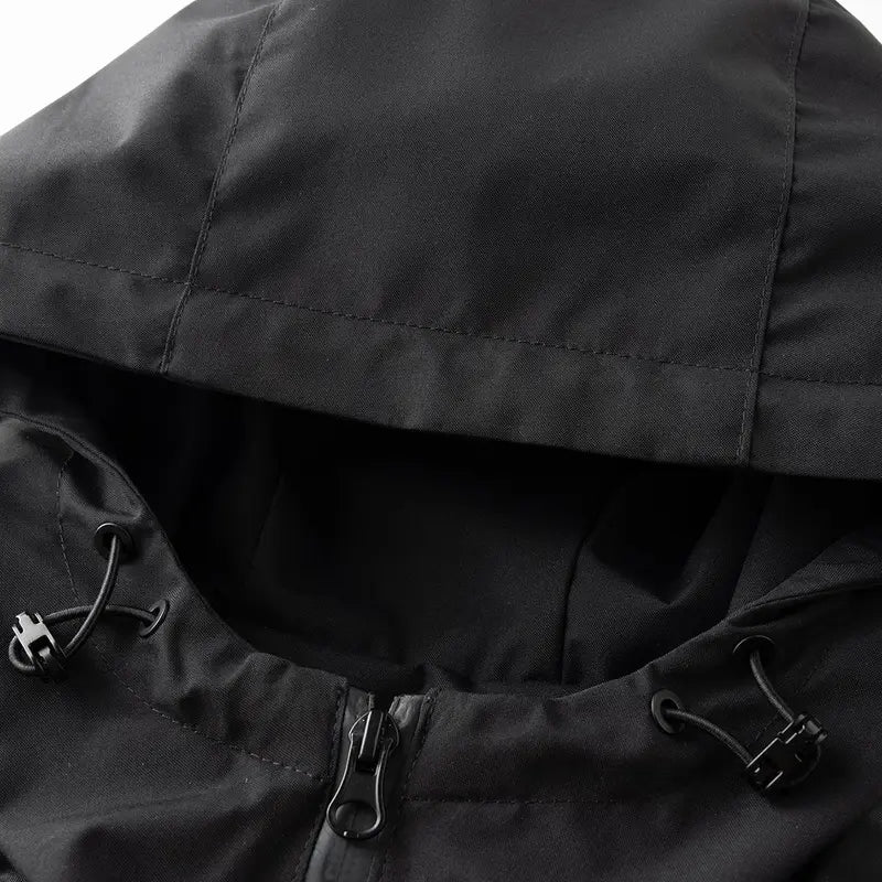 Men's Plain Block Color Hooded Windbreaker Jackets - Medium-Length Waterproof Zip-Up Rain Shell, Adjustable Hood & Cuffs, Multiple Zipper Pockets, Lightweight Menswear for Hiking, Long Sleeve Light Outdoor Casual Top