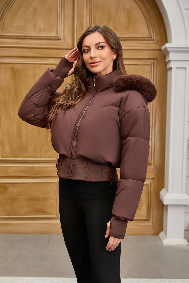 BIGWIG 2025 Fashion Women's Long-Sleeved Short Hooded Down Jacket - Fitted Stand-Up Collar, Quilted Filling, Zipper Closure, Basic Parka for Autumn-Winter Outings, New Year No Excess Bulk Design