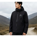 Black windproof waterproof hooded coat, tear-resistant fabric, tailored cut, multiple zip storage pockets, rain shell for hiking and camping