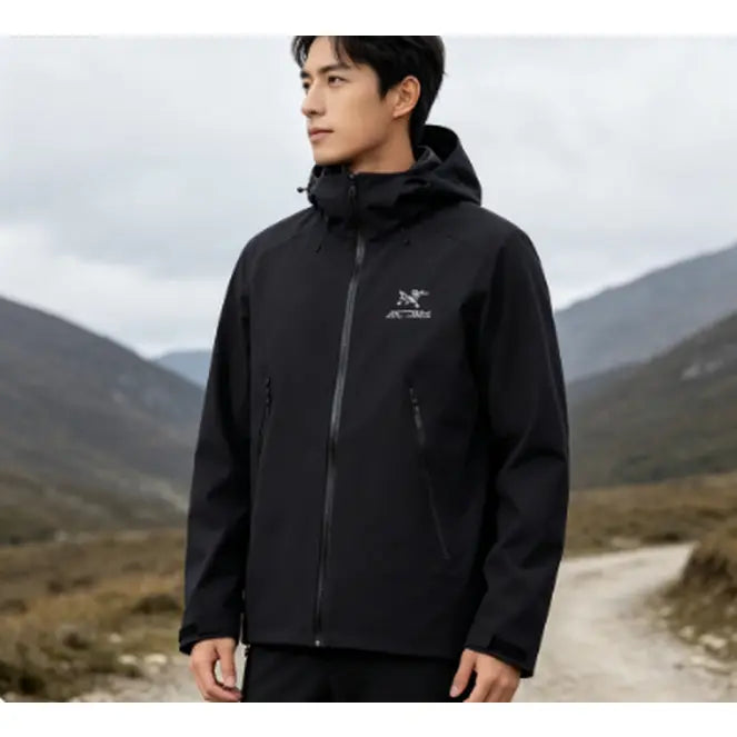 Black windproof waterproof hooded coat, tear-resistant fabric, tailored cut, multiple zip storage pockets, rain shell for hiking and camping