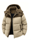 ColorArea men’s retro fleece-lined hooded winter jacket with detachable hood, color-block design, couples’ style long-sleeve khaki outerwear jacket