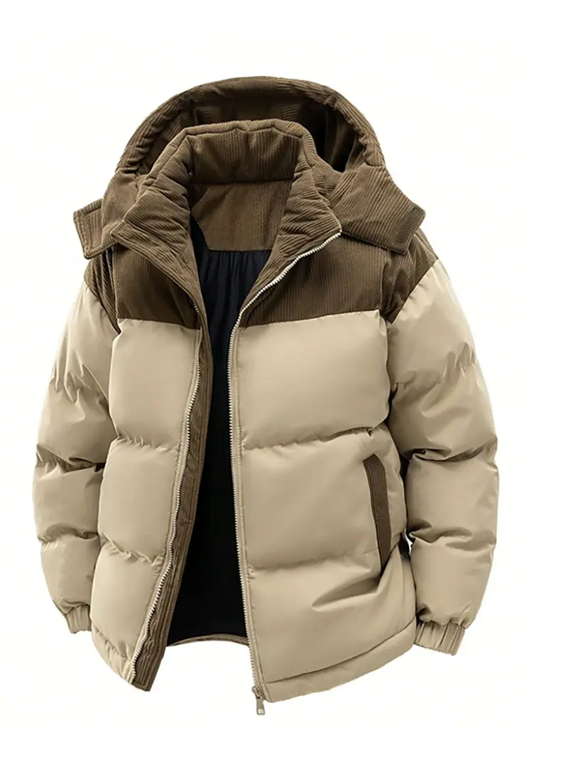 ColorArea men’s retro fleece-lined hooded winter jacket with detachable hood, color-block design, couples’ style long-sleeve khaki outerwear jacket