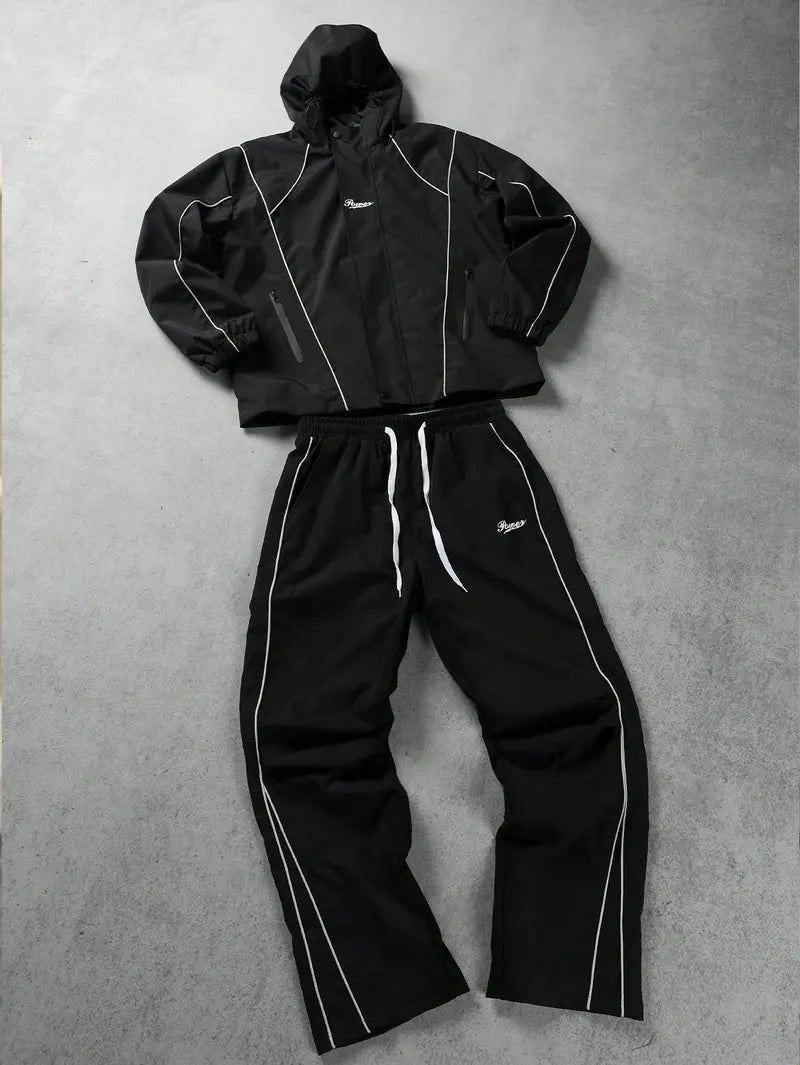 Men’s Streetwear 2-Piece Tracksuit Set, Hooded Windbreaker Jacket & Wide Leg Trousers with Contrasting Line Design, Lightweight Wind-Resistant for Urban Hangouts & Sports