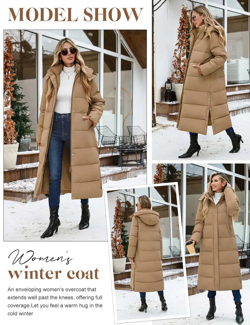 UMIPUBO Lady's Long Sleeve Fitted Casual Long Maxi Down Coat, Winter Puffer Jacket, Warm Padded Outerwear, Tops with Removable Faux Fur Hood, Full-Zip Parka
