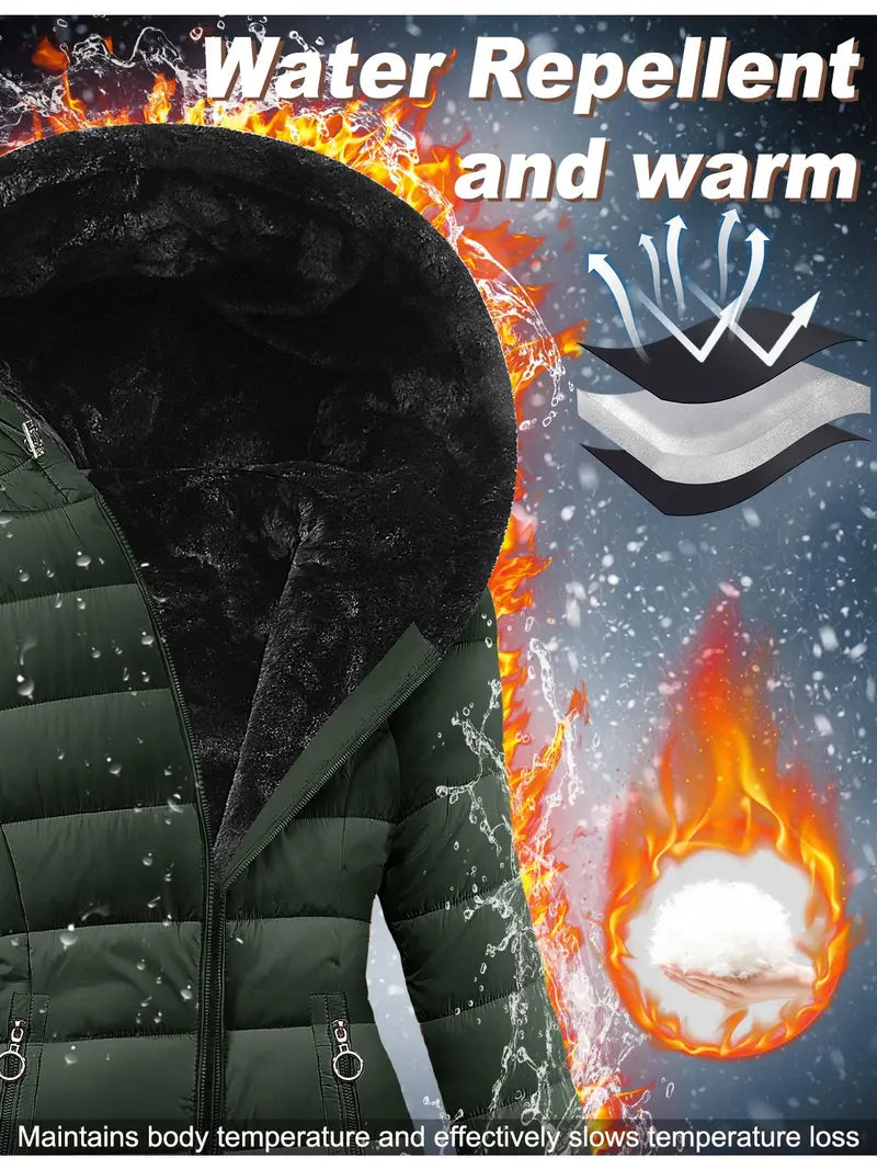 HEEKPEK Lady's Hooded Neck Fitted Long Sleeve Full Arm Down Fabric Jacket - Windproof, Waterproof, Fur-Lined, Zipper Front, Stylish Tops for Women for Commuting, Outdoor Activities