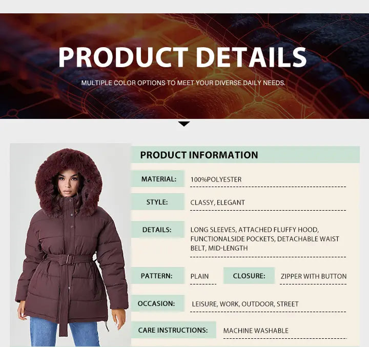 Katch Me Chic (US/CN)Women's Chic Solid Color Fluffy Hooded Zip-Up Belt Decor Cotton Coat, Cozy Outerwear Jacket for Fall & Winter, Classy Long Sleeve Womenswear