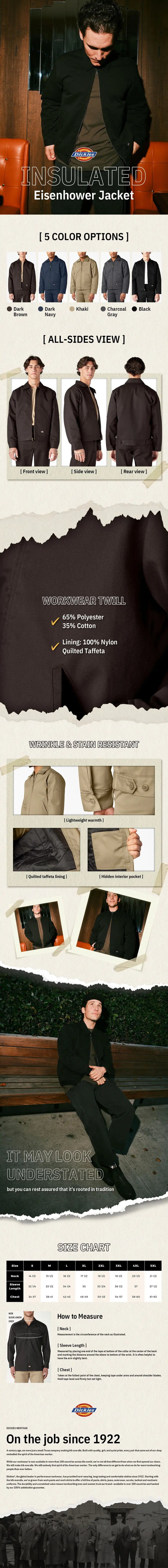 Dickies | TJ15 Insulated Eisenhower Jacket, Full Zip Work Jacket, Full Zip Work Jacket, Men's Workwear, Lightweight Warmth, Wrinkle-Resistant, Stain-Resistant, Easy-Care Finish, Hidden Interior Pocket, Pairs With 874 Pants