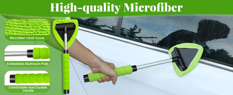 Windshield Cleaning Tool, Microfiber Car Window Cleaner with 4 Reusable and Washable Microfiber Pads and Extendable Handle