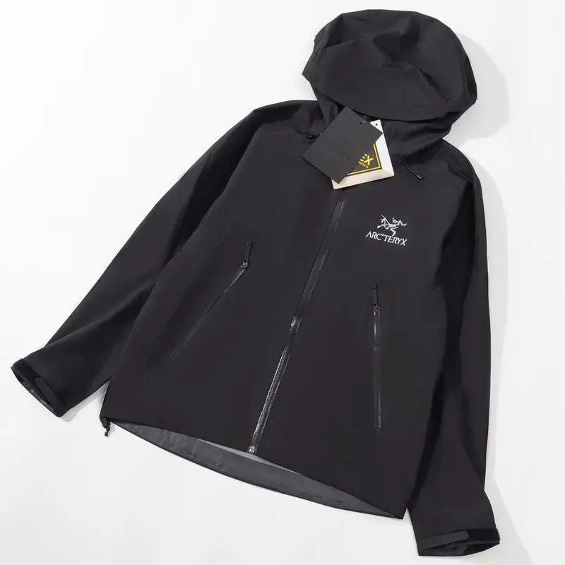 Black windproof waterproof hooded coat, tear-resistant fabric, tailored cut, multiple zip storage pockets, rain shell for hiking and camping