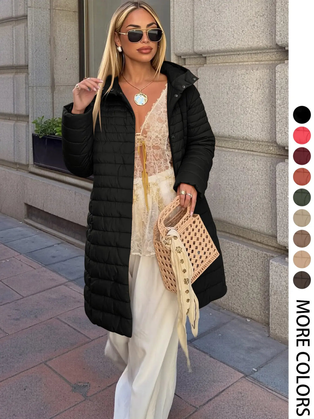 Women's Mid-Length Puffer Coat, Casual Hooded Top with Pockets and Buttons, Fall & Winter Warm Woven Outerwear, Lightweight Thick Fabric Womenswear