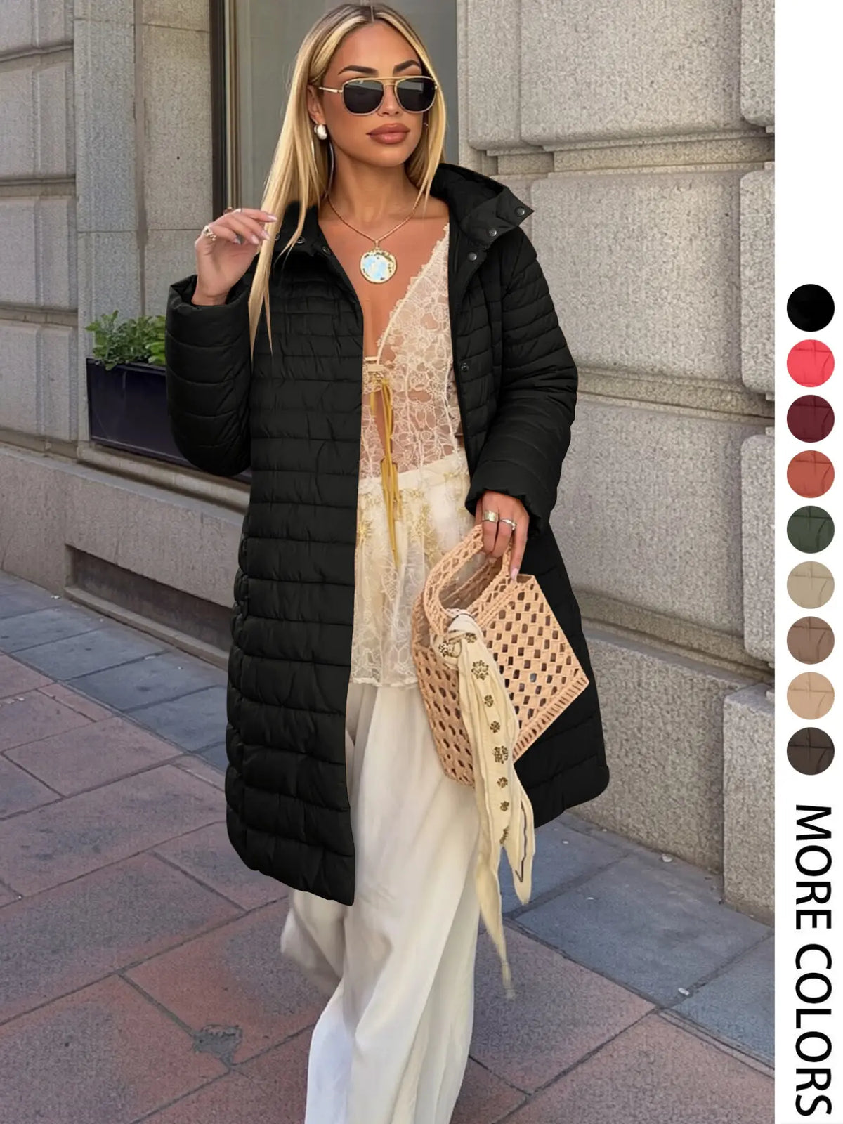 Women's Mid-Length Puffer Coat, Casual Hooded Top with Pockets and Buttons, Fall & Winter Warm Woven Outerwear, Lightweight Thick Fabric Womenswear