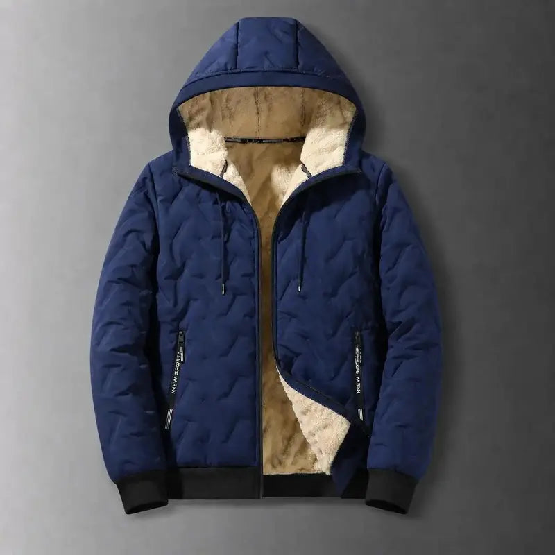 Men's winter jacket lined hooded jacket windproof and waterproof heavyweight outdoor warm jacket with safety zipper pocket high-performance filled bomb jacket lightweight geometric texture technology clothing black Sherpa Fleece