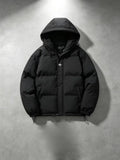 New Men's Hooded Puffer Jacket, Winter Warm Quilted Coat, Daily Commute Casual Loose Fit Windproof Outerwear, Long Sleeve Plain Design