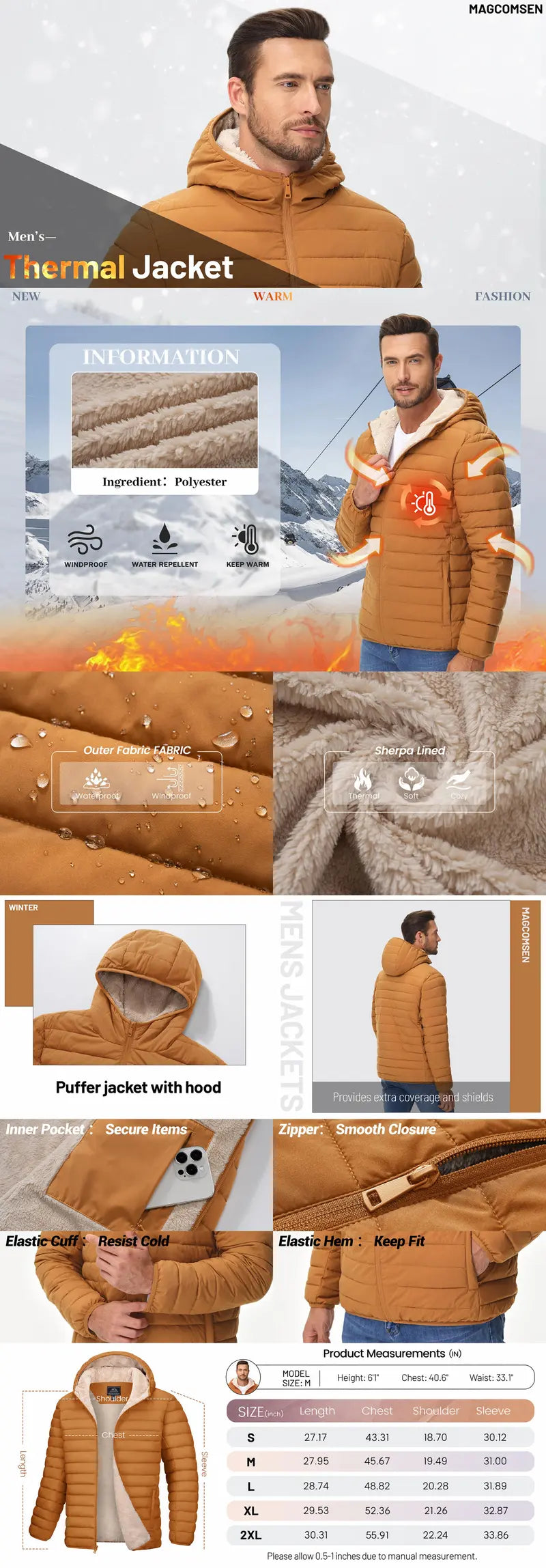 MAGCOMSEN Men's Puffer Down Jacket - Hooded, Sherpa Lined, Waterproof, Water Resistant, Zip Closure, with 1 Hidden Inner Pocket Winter Coat
