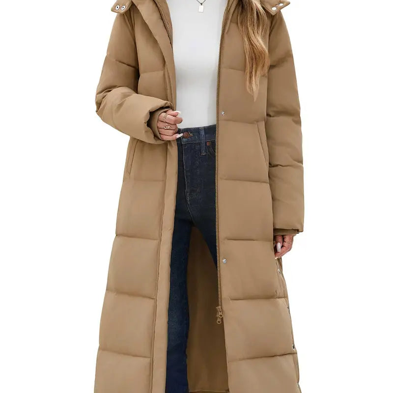 UMIPUBO Lady's Long Sleeve Calf-Length Maxi Puffer Down Coat, Winter Warm Padded Outerwear with Removable Faux Fur Hood, Full-Zip Parka Tops, Detachable Fur, Removable Hood