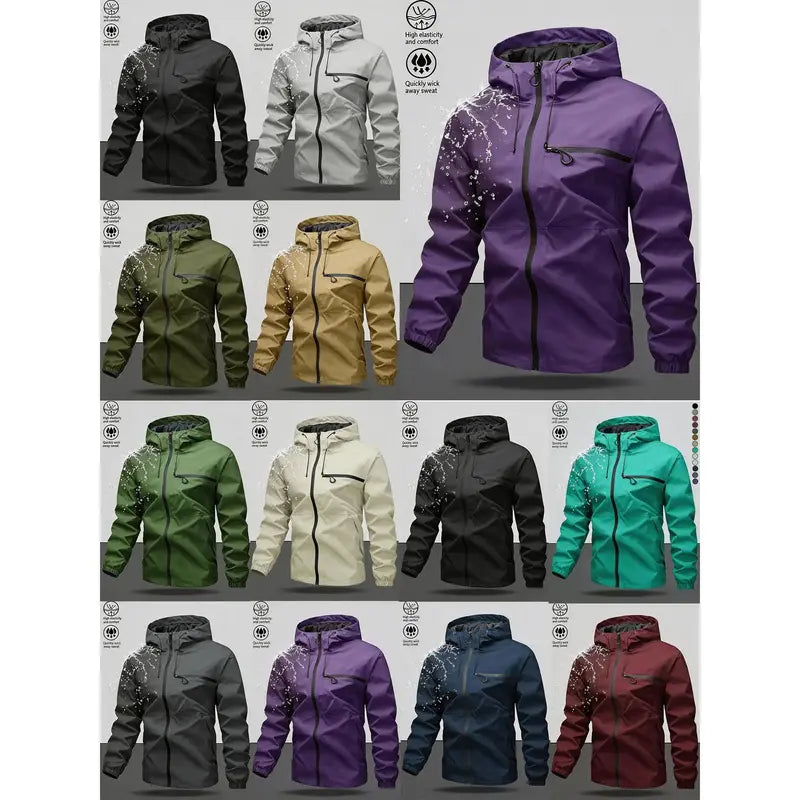 Men Lightweight Outdoor Hooded Jacket Water Resistant Windbreaker Full Zip Adjustable Drawstring Hood Hiking Work Shell Coat Multi‑Color