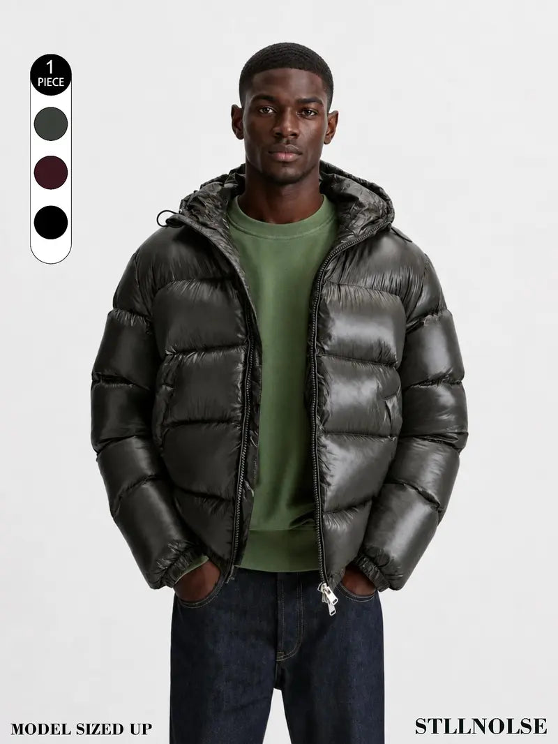 Men's Glossy Hooded Puffer Jacket, Full Zip Quilted Outerwear with Elastic Cuffs for Fall Winter Streetwear & Everyday Layering, Model Wears One Size Up for a Relaxed Look