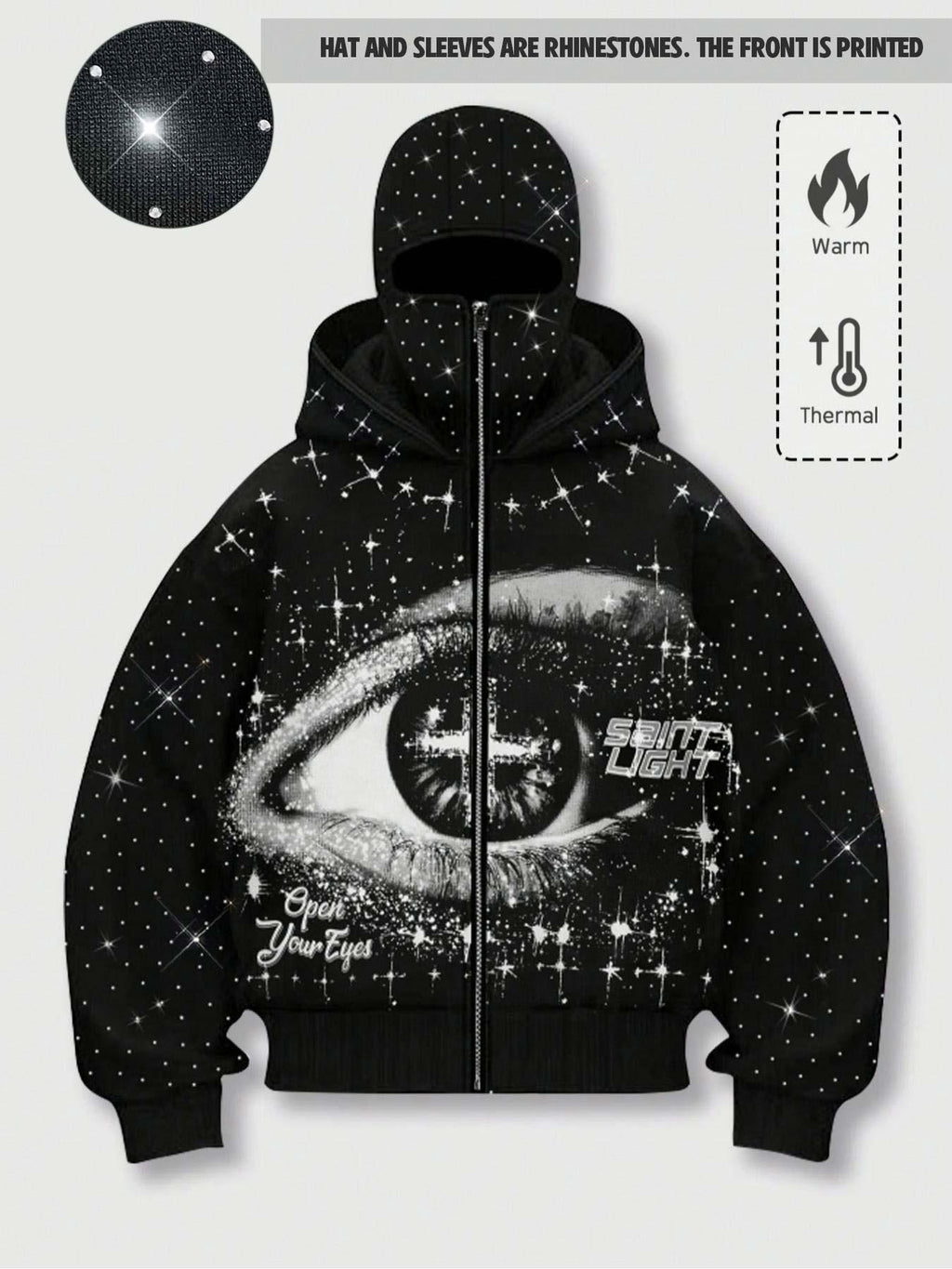 double hood rhinestone street casual loose men's zipper hoodie eye print sweatshirt, Graphic print hoodie autumn and winter fleece warm men and women brand Y2K jacket cool nightclub rock hip-hop music festival
