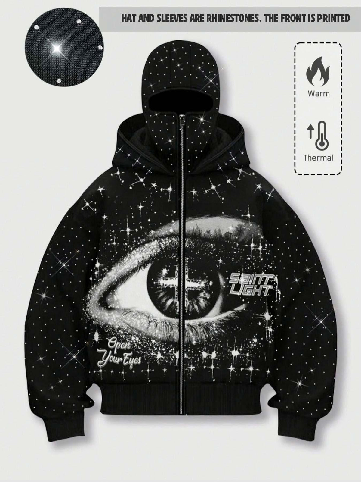 double hood rhinestone street casual loose men's zipper hoodie eye print sweatshirt, Graphic print hoodie autumn and winter fleece warm men and women brand Y2K jacket cool nightclub rock hip-hop music festival
