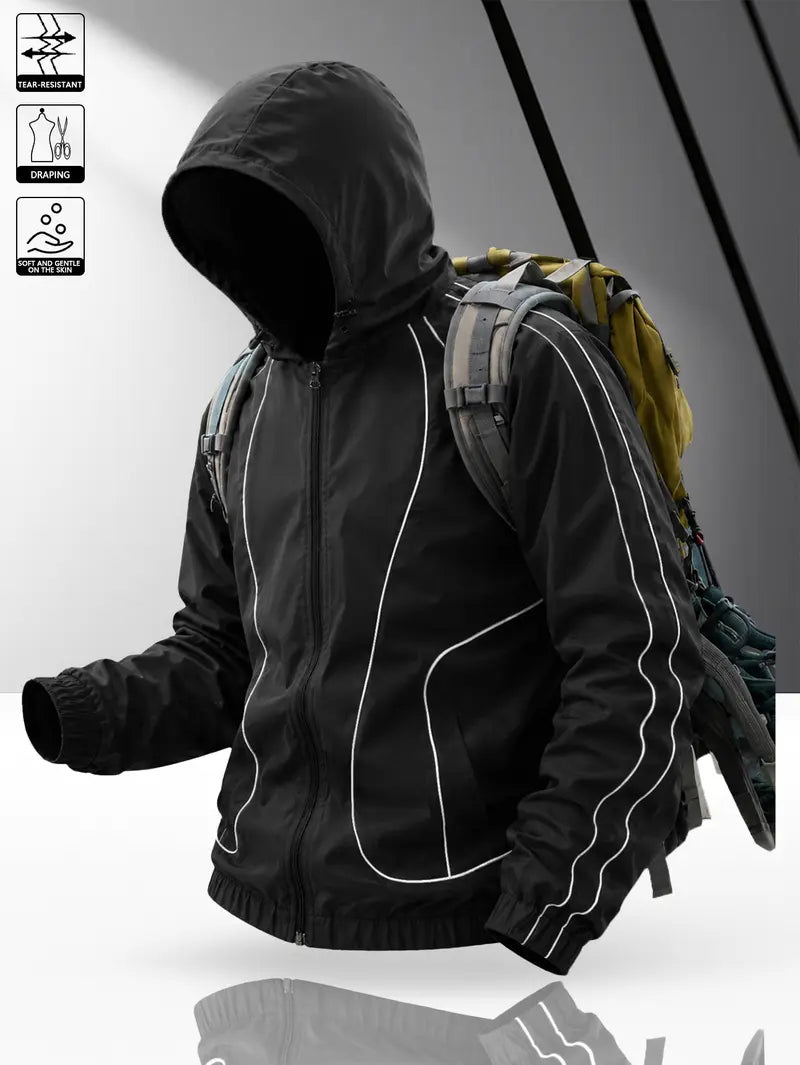 Men's windproof waterproof jacket, breathable outdoor hiking coat, foldable hat design, lightweight and durable, all weather use, suitable for spring and summer in thin styles.