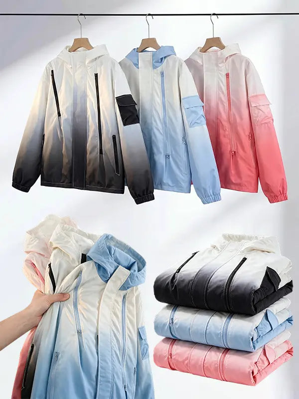 Men’s Gradient Long Sleeve Hooded Work Jacket - Polyester, Loose-Fit, Zip-Up, Multiple Pockets, Windproof, Casual Fashion Outerwear, Modern Style Lightweight Work Jackets, Zip Up Hoodies