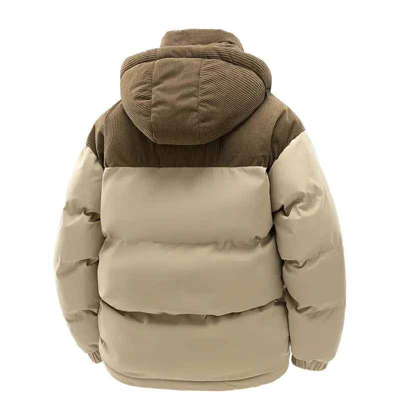Men's Winter Color-Block Hooded Down Jacket - Thick, Warm, Loose-Fit, Detachable Hood, Contrasting Panels, Ideal for Everyday Commuting, Outdoor Activities
