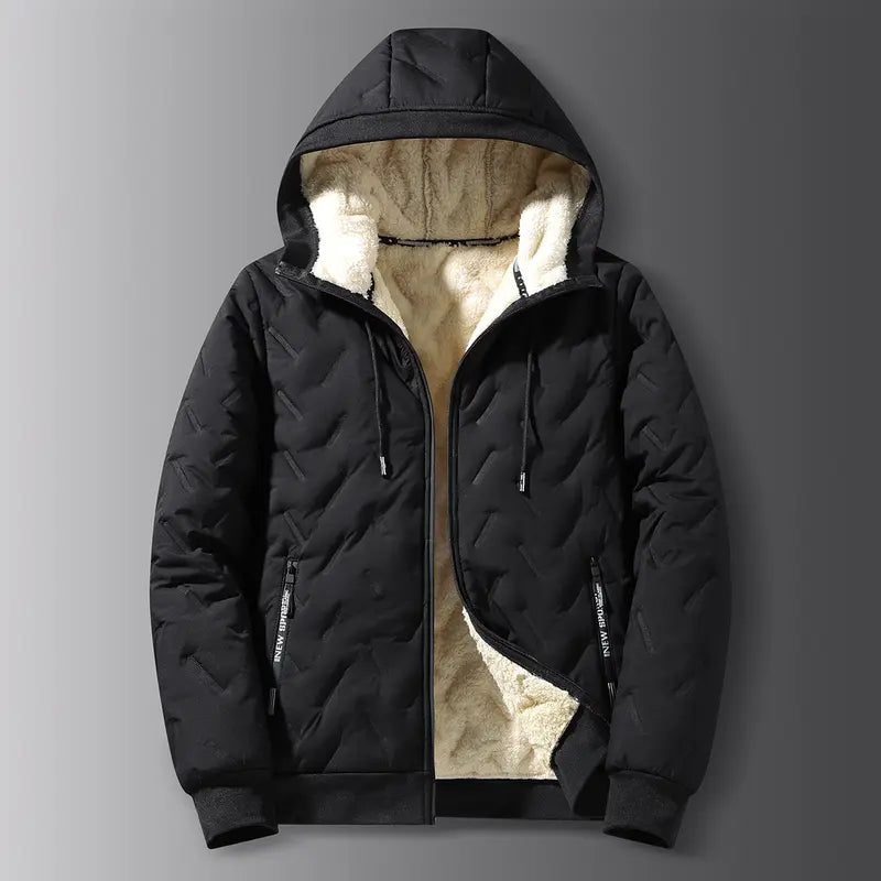Men's winter jacket lined hooded jacket windproof and waterproof heavyweight outdoor warm jacket with safety zipper pocket high-performance filled bomb jacket lightweight geometric texture technology clothing black Sherpa Fleece