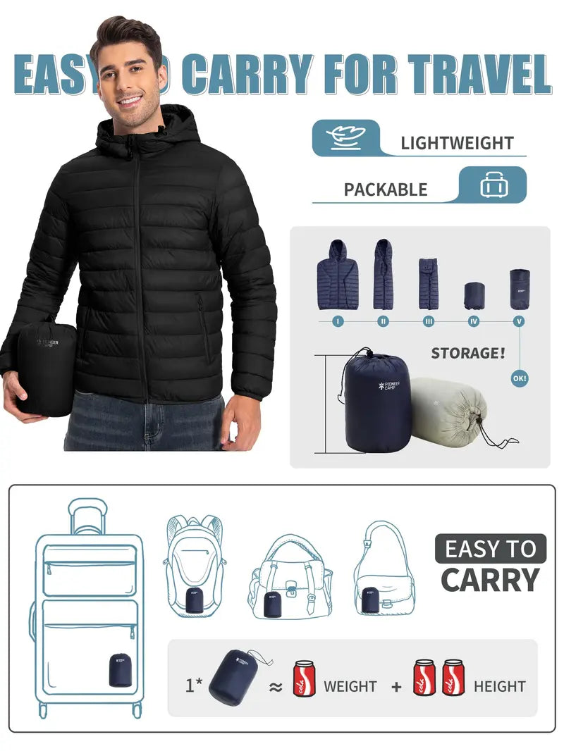 Pioneer Camp Men's Lightweight Packable Hooded Heated Puffer Jacket - Male Clothing, Windproof, Thermal Long Sleeve, Full Zip Front, 6-Pocket, Insulated, Breathable Bubble Cotton, Elastic Cuff Outerwear with Polyester Fill for Running, Travel