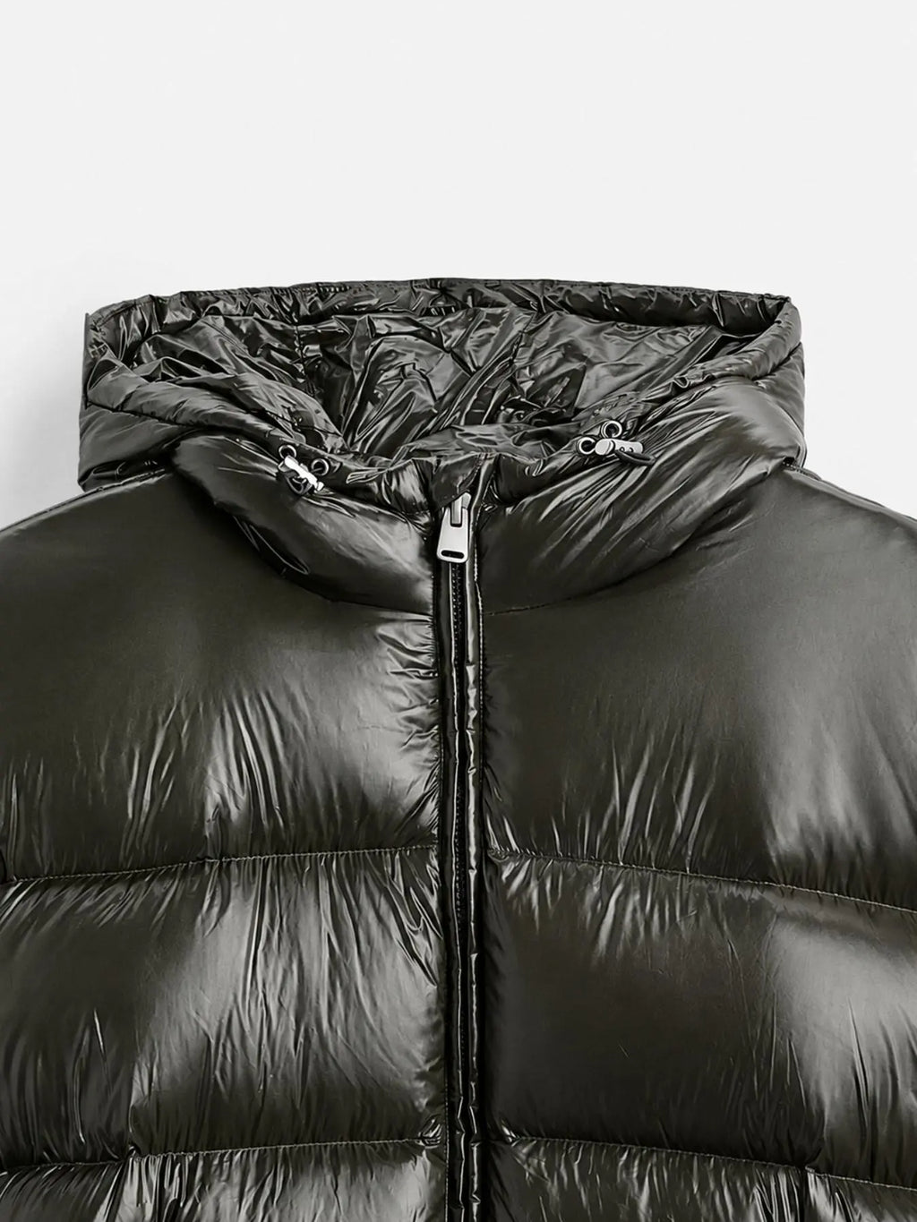 Men's Glossy Hooded Puffer Jacket, Full Zip Quilted Outerwear with Elastic Cuffs for Fall Winter Streetwear & Everyday Layering, Model Wears One Size Up for a Relaxed Look
