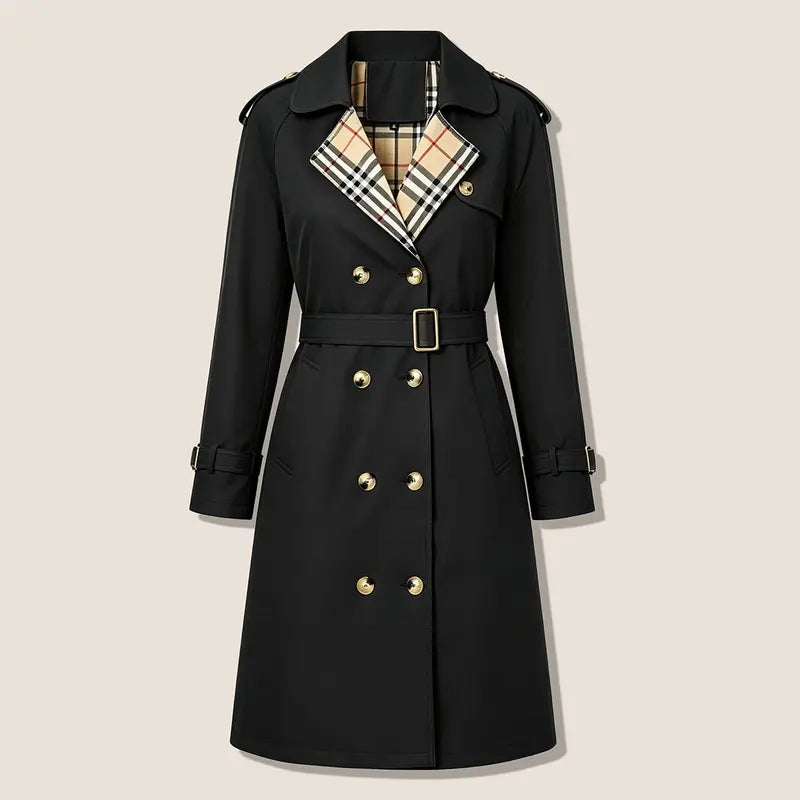 Women’s fashionable cape coat—double-breasted long design with a lapel collar and plaid pattern, featuring an adjustable waist belt that cinches the figure; classic British-style outerwear suitable for everyday commuting, office wear, travel, and ...