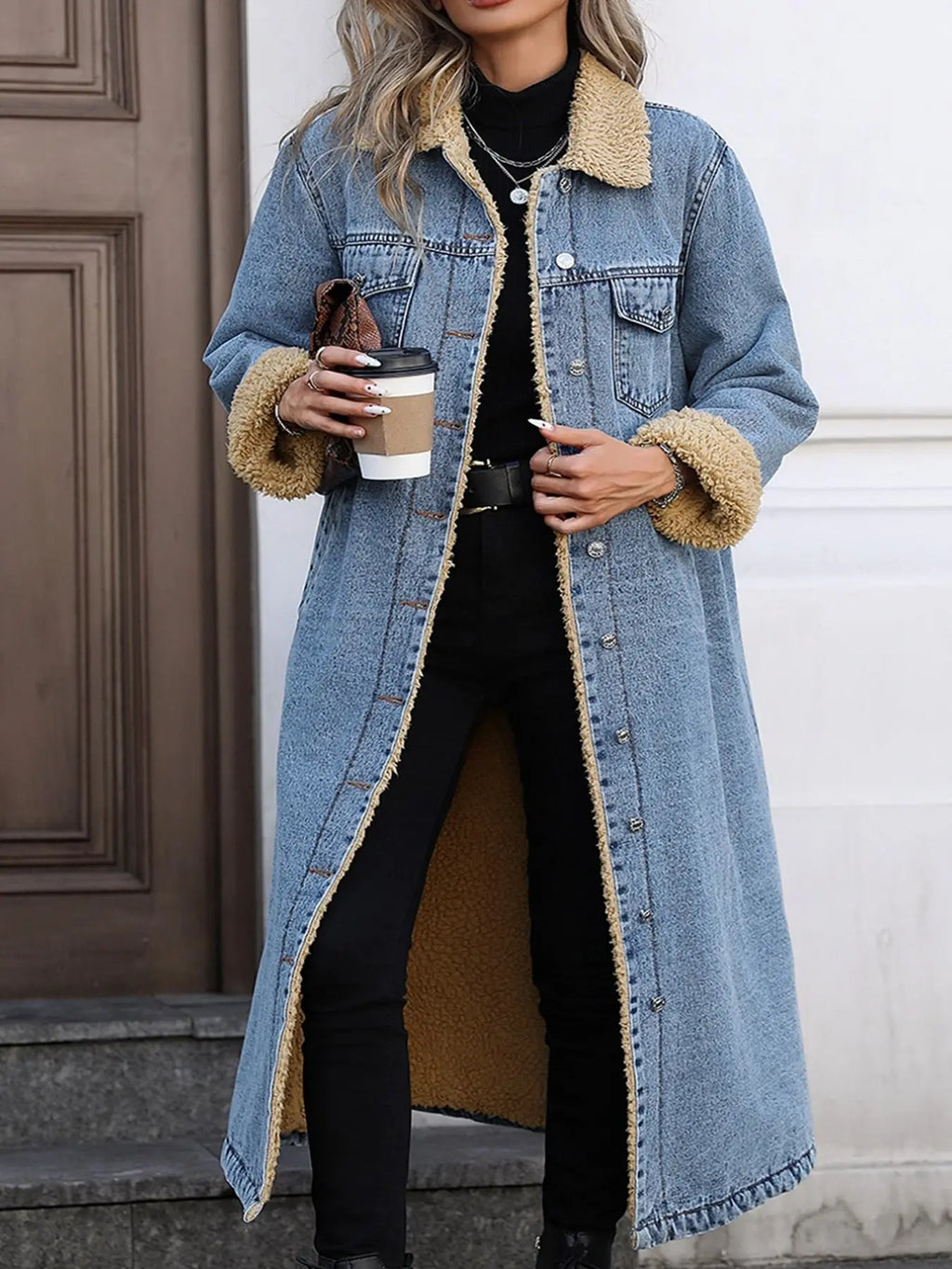 Women's Fall and Winter Casual Loose-Fit Long Jacket, Elegant Turn-Down Collar Warm-Lined Denim Coat for Plus-Size Women