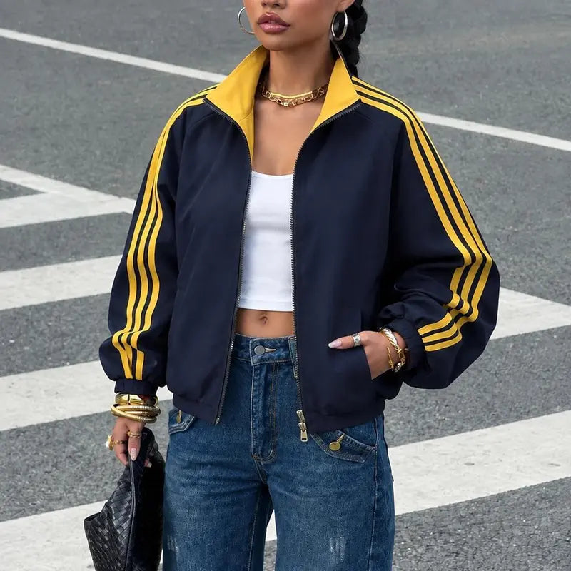 Women Reversible Zip Up Track Jacket, Striped Sleeve Stand Collar Windbreaker, Two Wear Ways Loose Drop Shoulder Outerwear, Elastic Cuffs Casual Athletic Coat, Lightweight Reversible Sport Jacket For Daily Streetwear, Shopping And Weekend Hangouts
