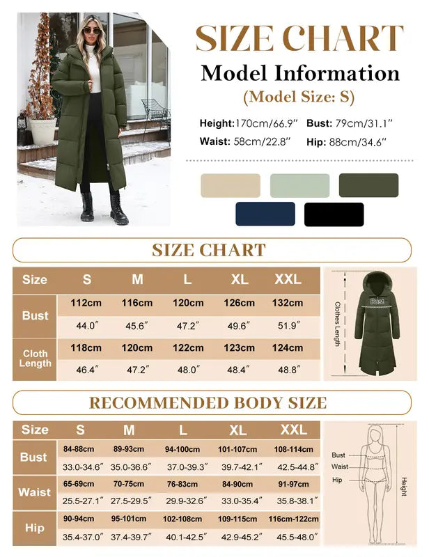 FASHORA Women Long Quilted Coat Hooded Maxi Length Long Sleeve Puffer Jacket Padded Coat Winter Outerwear Water-repellent