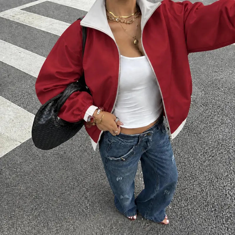 Women Reversible Zip Up Track Jacket, Striped Sleeve Stand Collar Windbreaker, Two Wear Ways Loose Drop Shoulder Outerwear, Elastic Cuffs Casual Athletic Coat, Lightweight Reversible Sport Jacket For Daily Streetwear, Shopping And Weekend Hangouts