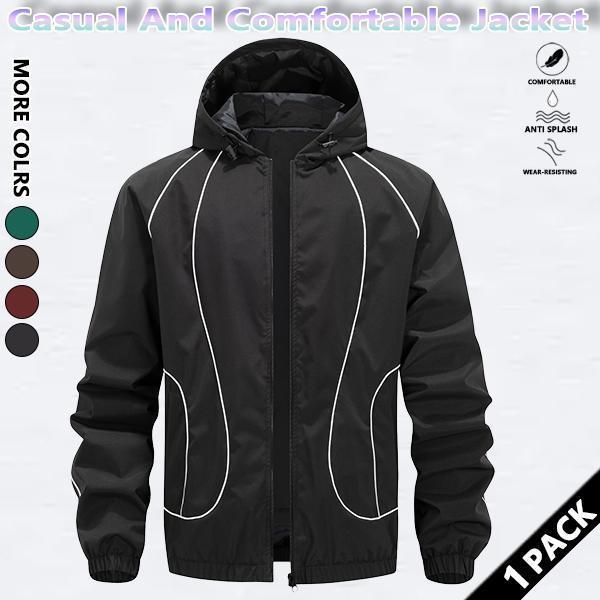 Men's Chic Woven Waterproof Windproof Front Zip Hooded Jacket - Rain-Ready Year-Round Menswear Top Coat with Drawstring, Striped Print, Zipper Pockets, Suitable for Outdoor Activities - SpringStatements