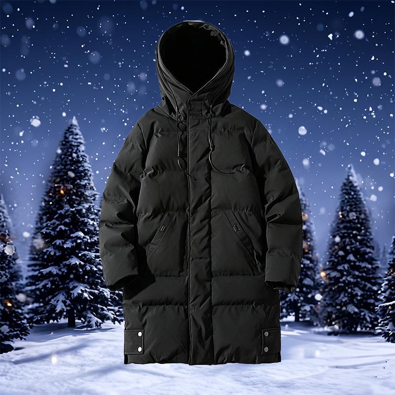 Men’s Winter Long Plain Puffer Jacket (Plus Size/Big & Tall) - Polyester-Filled Heavyweight Quilted Windproof Coat, Adjustable Drawstring Hood, Snap Buttons Hem, Zip-Up Street Chic Warm Jacket for Extreme Cold
