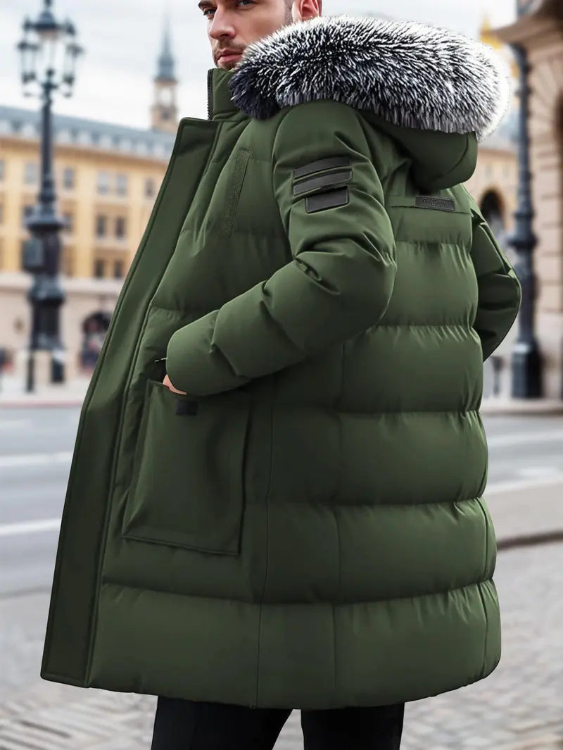Men's Winter Heavy-duty Long Parka Coat, Thick and Warm Insulation, Detachable Faux Fur Hood Pocket with Large Pocket, Suitable for Skiing and Commuting