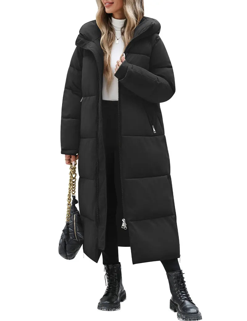 FASHORA Women Long Quilted Coat Hooded Maxi Length Long Sleeve Puffer Jacket Padded Coat Winter Outerwear Water-repellent